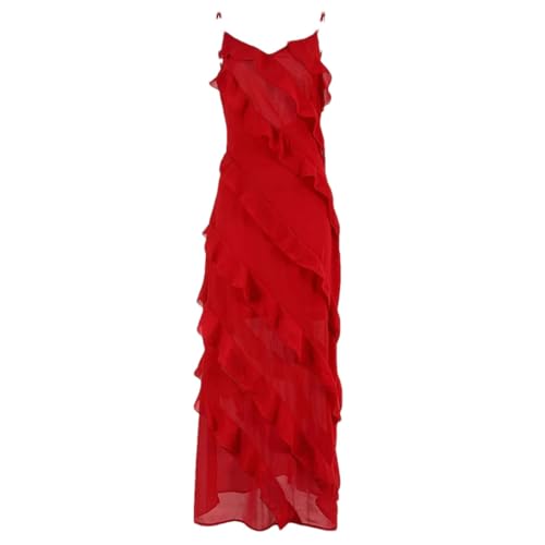 Tdvcpmkk Damen Neckholder Rückenfrei V-Ausschnitt Rüschen Seitenschlitz Maxi Ärmellos Strandkleid, rot, Medium von Tdvcpmkk