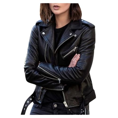 Tdvcpmkk Damen Slim Fit PU Lederjacke Herbst und Winter Langarm Leder Kurze Jacke, Schwarz, 4XL von Tdvcpmkk