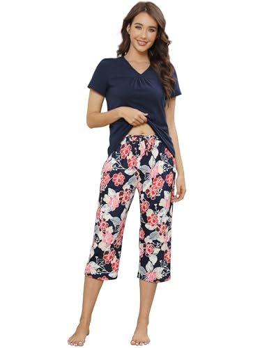 TeJoyce Damen Kurz Schlafanzug Sommer Baumwolle, Zweiteiliger Pyjama mit 3/4 Hose Frauen, Set Kurzarm Oberteile und Blumendruck Capri Unterteil, Bequeme und Weiche Loungewear S-XXL von TeJoyce