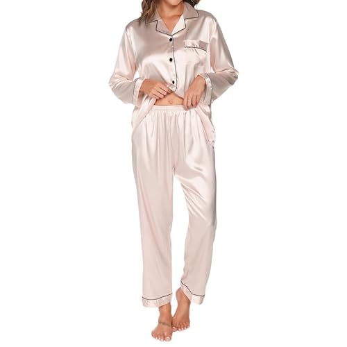 TeJoyce Damen Satin Schlafanzug Lang, Zweiteiliger Pyjama Frauen, Set Langarm mit Knöpfen und Passende Schlafhose, Luxus und Elegante Seidenpyjama zum Nächte (Champagner, M) von TeJoyce