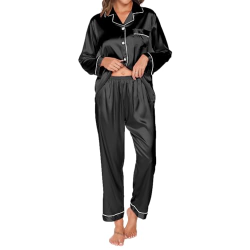 TeJoyce Damen Satin Schlafanzug Lang, Zweiteiliger Pyjama Frauen, Set Langarm mit Knöpfen und Passende Schlafhose, Luxus und Elegante Seidenpyjama zum Nächte (Schwarz, L) von TeJoyce