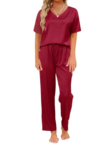 TeJoyce Damen Satin Schlafanzug für Sommer, Zweiteiliger Pyjama Seide for Frauen, Set Kurzarm und Hose Lang mit Taschen, Leichter und Elegante Seidenpyjama zum Schlafen S-XXL von TeJoyce