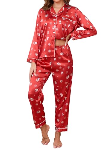 TeJoyce Damen Satin Weihnachts Schlafanzug Lang, Zweiteiliger Seide Pyjama Frauen, Set Langarm mit Knöpfen und Passende Schlafhose, Weihnachtlicher Seidenpyjama zum Winter (Weihnachtsrot, M) von TeJoyce