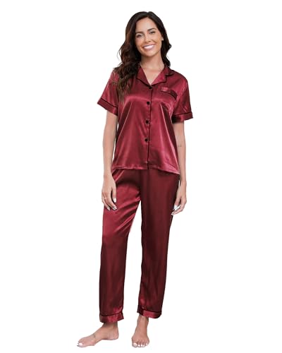 TeJoyce Damen Sommer Satin Schlafanzug, Zweiteiliger Seide Pyjama Frauen, Set Kurzarm Oberteile mit Knöpfen und Hose Lang, Leichter und Elegante Seidenpyjama zum Nächte (Bordeauxrot, M) von TeJoyce