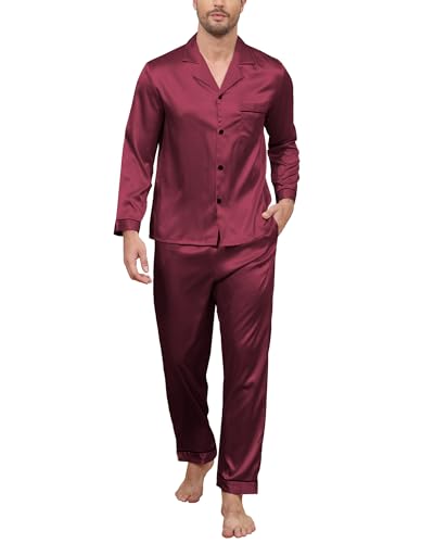 TeJoyce Herren Satin Schlafanzug Lang, Zweiteiliger Seide Pyjama Männer, Set Langarm mit Knöpfen und Hose mit Taschen, Luxus und Elegante Seidenpyjama zum Nächte (Burgunderrot, L) von TeJoyce