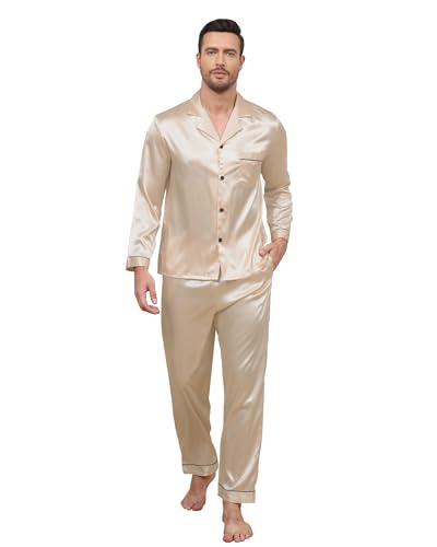 TeJoyce Herren Satin Schlafanzug Lang, Zweiteiliger Seide Pyjama Männer, Set Langarm mit Knöpfen und Hose mit Taschen, Luxus und Elegante Seidenpyjama zum Nächte (Champagner, S) von TeJoyce