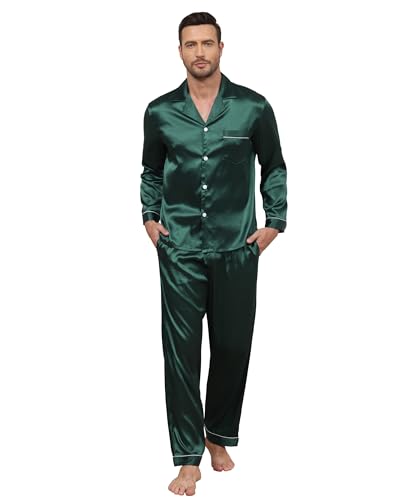 TeJoyce Herren Satin Schlafanzug Lang, Zweiteiliger Seide Pyjama Männer, Set Langarm mit Knöpfen und Hose mit Taschen, Luxus und Elegante Seidenpyjama zum Nächte (Dunkelgrün, XXL) von TeJoyce