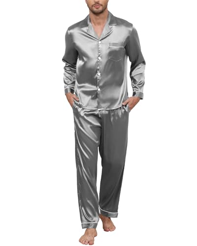 TeJoyce Herren Satin Schlafanzug Lang, Zweiteiliger Seide Pyjama Männer, Set Langarm mit Knöpfen und Hose mit Taschen, Luxus und Elegante Seidenpyjama zum Nächte (Hellgrau, S) von TeJoyce