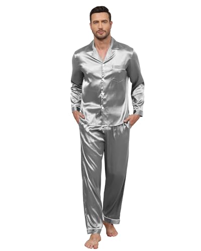 TeJoyce Herren Satin Schlafanzug Lang, Zweiteiliger Seide Pyjama Männer, Set Langarm mit Knöpfen und Hose mit Taschen, Luxus und Elegante Seidenpyjama zum Nächte (Hellgrau, XL) von TeJoyce