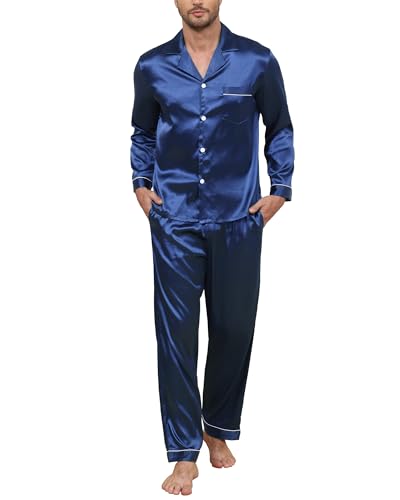 TeJoyce Herren Satin Schlafanzug Lang, Zweiteiliger Seide Pyjama Männer, Set Langarm mit Knöpfen und Hose mit Taschen, Luxus und Elegante Seidenpyjama zum Nächte (Dunkelblau, S) von TeJoyce