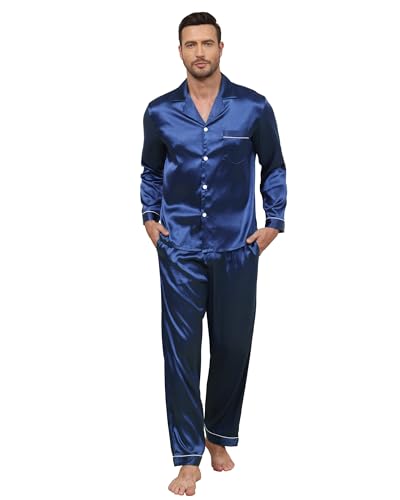 TeJoyce Herren Satin Schlafanzug Lang, Zweiteiliger Seide Pyjama Männer, Set Langarm mit Knöpfen und Hose mit Taschen, Luxus und Elegante Seidenpyjama zum Nächte (Dunkelblau, XL) von TeJoyce