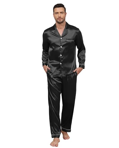 TeJoyce Herren Satin Schlafanzug Lang, Zweiteiliger Seide Pyjama Männer, Set Langarm mit Knöpfen und Hose mit Taschen, Luxus und Elegante Seidenpyjama zum Nächte (Schwarz, XL) von TeJoyce