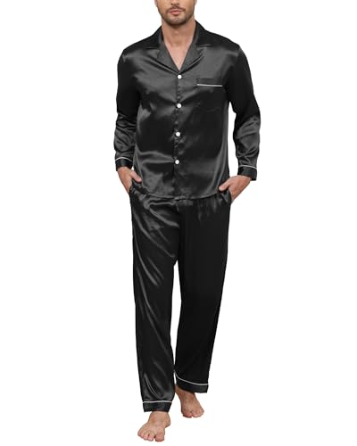 TeJoyce Herren Satin Schlafanzug Lang, Zweiteiliger Seide Pyjama Männer, Set Langarm mit Knöpfen und Hose mit Taschen, Luxus und Elegante Seidenpyjama zum Nächte (Schwarz, XXL) von TeJoyce