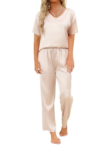 TeJoyce Damen Satin Schlafanzug für Sommer, Zweiteiliger Pyjama Seide for Frauen, Set Kurzarm und Hose Lang mit Taschen, Leichter und Elegante Seidenpyjama zum Schlafen S-XXL von TeJoyce