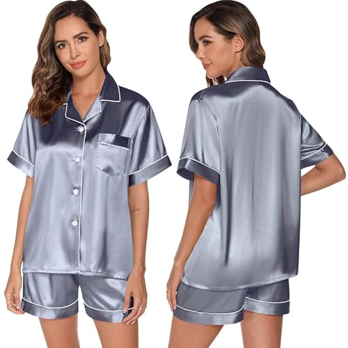 TeJoyce Damen Satin Kurz Schlafanzug für den Sommer, Zweiteiliger Seide Pyjama für Frauen, Set Kurzarm Nachtwäsche mit Knöpfen und Shorts, Leicht und Bequem Seidenpyjama für Nächte (graublau, L) von TeJoyce