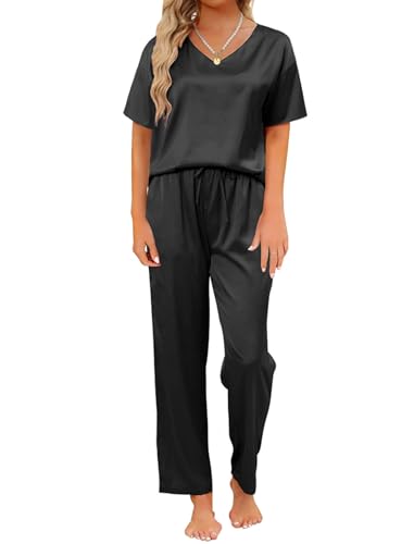 TeJoyce Damen Satin Schlafanzug für Sommer, Zweiteiliger Pyjama Seide for Frauen, Set Kurzarm und Hose Lang mit Taschen, Leichter und Elegante Seidenpyjama zum Schlafen S-XXL von TeJoyce
