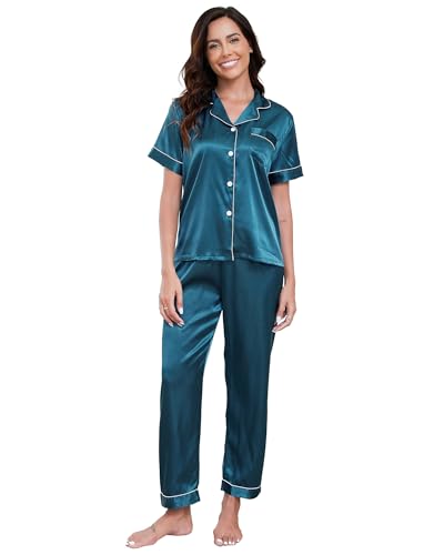 TeJoyce Damen Sommer Satin Schlafanzug, Zweiteiliger Seide Pyjama Frauen, Set Kurzarm Oberteile mit Knöpfen und Hose Lang, Leichter und Elegante Seidenpyjama zum Nächte (Pfauenblau, L) von TeJoyce