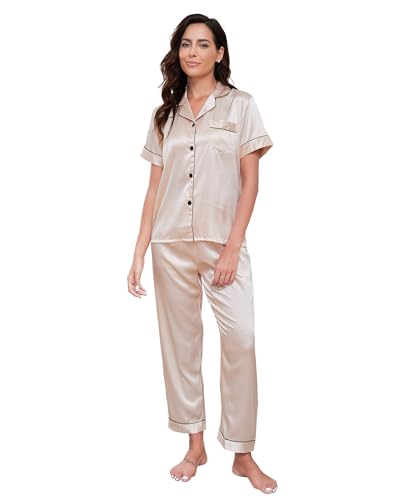 TeJoyce Damen Sommer Satin Schlafanzug, Zweiteiliger Seide Pyjama Frauen, Set Kurzarm Oberteile mit Knöpfen und Hose Lang, Leichter und Elegante Seidenpyjama zum Nächte (Champagner, M) von TeJoyce