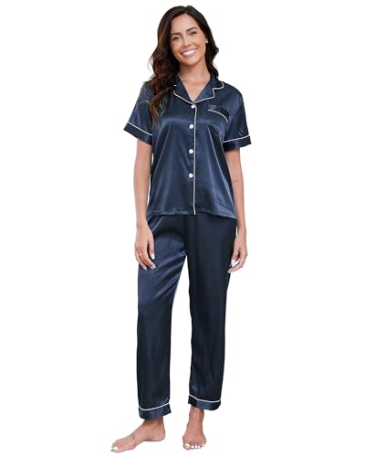 TeJoyce Damen Sommer Satin Schlafanzug, Zweiteiliger Seide Pyjama Frauen, Set Kurzarm Oberteile mit Knöpfen und Hose Lang, Leichter und Elegante Seidenpyjama zum Nächte (Dunkelblau, L) von TeJoyce