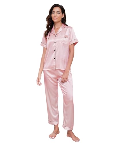 TeJoyce Damen Sommer Satin Schlafanzug, Zweiteiliger Seide Pyjama Frauen, Set Kurzarm Oberteile mit Knöpfen und Hose Lang, Leichter und Elegante Seidenpyjama zum Nächte (Rosa, S) von TeJoyce