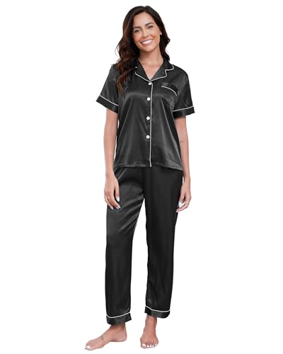 TeJoyce Damen Sommer Satin Schlafanzug, Zweiteiliger Seide Pyjama Frauen, Set Kurzarm Oberteile mit Knöpfen und Hose Lang, Leichter und Elegante Seidenpyjama zum Nächte (Schwarz, M) von TeJoyce