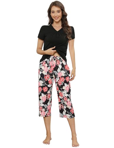 TeJoyce Schlafanzug Damen Kurz Baumwolle Pyjama Set Nachtwäsche Zweiteiliger Kurzarm 3/4 Lang Schlafhose Geblumt mit Taschen S-XXL von TeJoyce