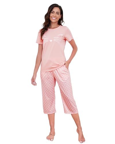 TeJoyce Damen Schlafanzug Kurz Baumwolle Sommer, Zweiteiliger Pyjama Frauen, Set Kurzarm Shirt mit Katze und 3/4 Hose mit Taschen, Weiche und Bequeme Loungewear zum Schlafen (Rosa, XL) von TeJoyce
