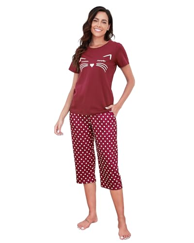 TeJoyce Damen Schlafanzug Kurz Baumwolle Sommer, Zweiteiliger Pyjama Frauen, Set Kurzarm Shirt mit Katze und 3/4 Hose mit Taschen, Weiche und Bequeme Loungewear zum Schlafen (Rot, S) von TeJoyce