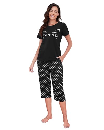 TeJoyce Damen Schlafanzug Kurz Baumwolle Sommer, Zweiteiliger Pyjama Frauen, Set Kurzarm Shirt mit Katze und 3/4 Hose mit Taschen, Weiche und Bequeme Loungewear zum Schlafen (Schwarz, L) von TeJoyce