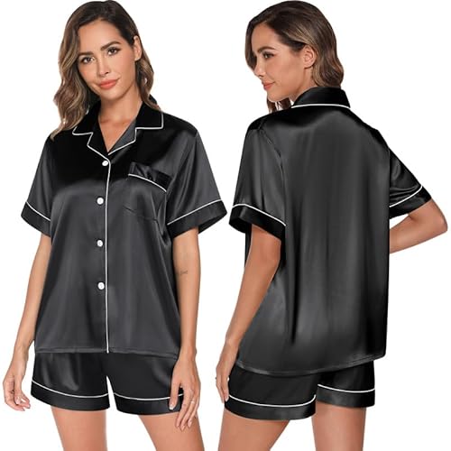 TeJoyce Damen Satin Kurz Schlafanzug für den Sommer, Zweiteiliger Seide Pyjama für Frauen, Set Kurzarm Nachtwäsche mit Knöpfen und Shorts, Leicht und Bequem Seidenpyjama für Nächte (schwarz, XXL) von TeJoyce
