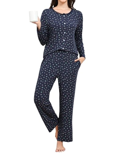 TeJoyce Schlafanzug Damen Lang Baumwolle Winter, Zweiteiliger Pyjama Frauen, Set Langarm Blumendruck Oberteile mit Knöpfen und Passende Hose, Weich und Bequeme Nachtwäsche (Dunkelblau, S) von TeJoyce