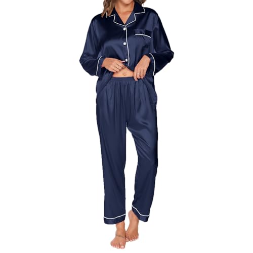 TeJoyce Damen Satin Schlafanzug Lang, Zweiteiliger Pyjama Frauen, Set Langarm mit Knöpfen und Passende Schlafhose, Luxus und Elegante Seidenpyjama zum Nächte (Dunkelblau, L) von TeJoyce