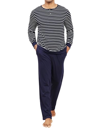 TeJoyce Schlafanzug Herren Lang 100% Baumwolle Winter, Zweiteiliger Pyjama Männer, Set Langarm Gestreift Oberteile mit Knöpfen und Hose mit Taschen, Weich und Bequeme Nachtwäsche zum Schlafen S-XXL von TeJoyce