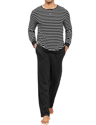 TeJoyce Schlafanzug Herren Lang 100% Baumwolle Winter, Zweiteiliger Pyjama Männer, Set Langarm Gestreift Oberteile mit Knöpfen und Hose mit Taschen, Weich und Bequeme Nachtwäsche zum Schlafen S-XXL von TeJoyce