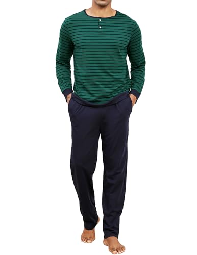 TeJoyce Schlafanzug Herren Lang 100% Baumwolle Winter, Zweiteiliger Pyjama Männer, Set Langarm Gestreift Oberteile mit Knöpfen und Hose mit Taschen, Weich und Bequeme Nachtwäsche zum Schlafen S-XXL von TeJoyce