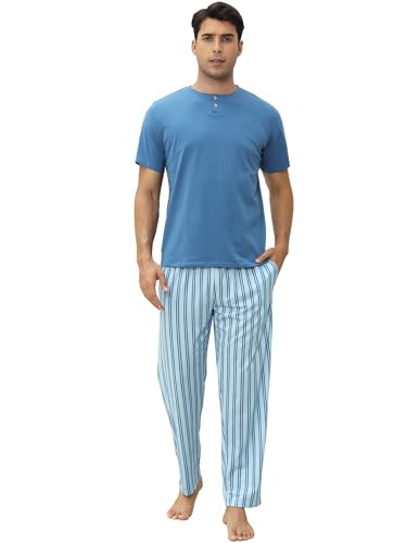 TeJoyce Schlafanzug Herren Lang Baumwolle Pyjama Set Kurzarm Rundhals Zweiteiliger Schlafanzughose Lang mit Elastischem Bund Nachtwäsche Sommer Sleepwear TeJoyce Schlafanzug Herren Lang Baumwolle Pyjama Set Kurzarm Rundhals Zweiteiliger Schlafanzughose Lang mit Elastischem Bund Nachtwäsche Sommer Sleepwear von TeJoyce