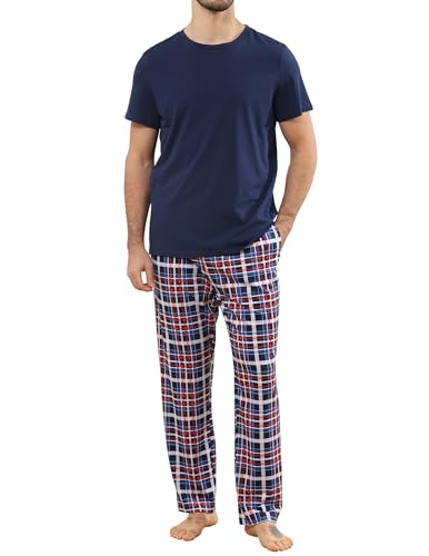 TeJoyce Herren Schlafanzug Lang Baumwolle Sommer, Zweiteiliger Pyjama Männer, Set Kurzarm T-Shirt und Kariert Hose mit Taschen, Weiche und Komfortabler Loungewear zum Nächte S-XXL von TeJoyce