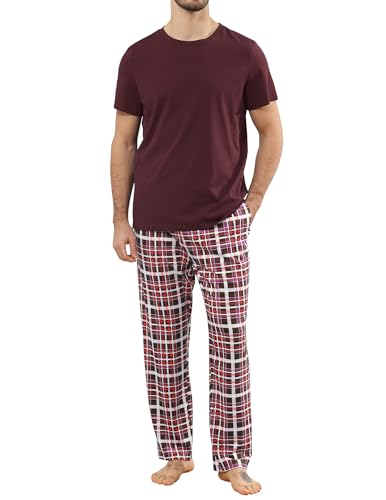 TeJoyce Herren Schlafanzug Lang Baumwolle Sommer, Zweiteiliger Pyjama Männer, Set Kurzarm T-Shirt und Kariert Hose mit Taschen, Weiche und Komfortabler Loungewear zum Nächte S-XXL von TeJoyce