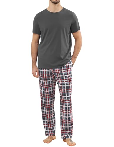 TeJoyce Herren Schlafanzug Lang Baumwolle Sommer, Zweiteiliger Pyjama Männer, Set Kurzarm T-Shirt und Kariert Hose mit Taschen, Weiche und Komfortabler Loungewear zum Nächte S-XXL von TeJoyce