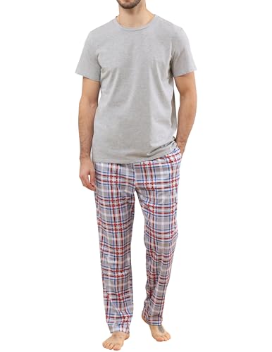 TeJoyce Herren Schlafanzug Lang Baumwolle Sommer, Zweiteiliger Pyjama Männer, Set Kurzarm T-Shirt und Kariert Hose mit Taschen, Weiche und Komfortabler Loungewear zum Nächte S-XXL von TeJoyce
