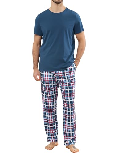TeJoyce Herren Schlafanzug Lang Baumwolle Sommer, Zweiteiliger Pyjama Männer, Set Kurzarm T-Shirt und Kariert Hose mit Taschen, Weiche und Komfortabler Loungewear zum Nächte S-XXL von TeJoyce
