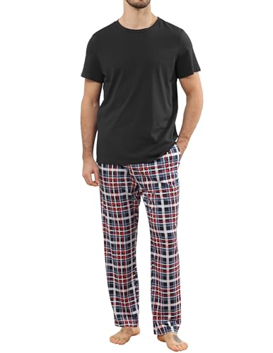 TeJoyce Herren Schlafanzug Lang Baumwolle Sommer, Zweiteiliger Pyjama Männer, Set Kurzarm T-Shirt und Kariert Hose mit Taschen, Weiche und Komfortabler Loungewear zum Nächte S-XXL von TeJoyce