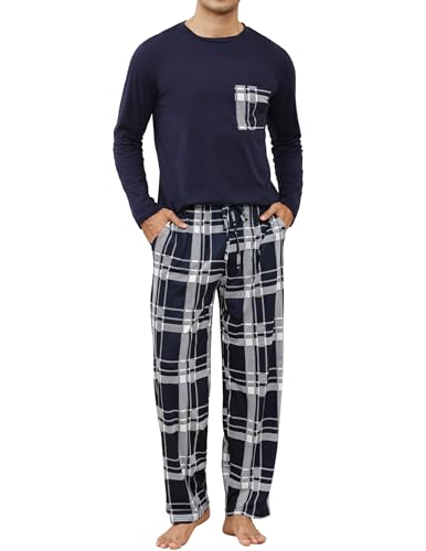TeJoyce Schlafanzug Herren Lang Baumwolle Winter, Zweiteiliger Pyjama Männer, Set Langarm Oberteile mit Brusttasche und Kariert Hose mit Taschen, Weich und Bequeme Nachtwäsche (Dunkelblau, XXL) von TeJoyce