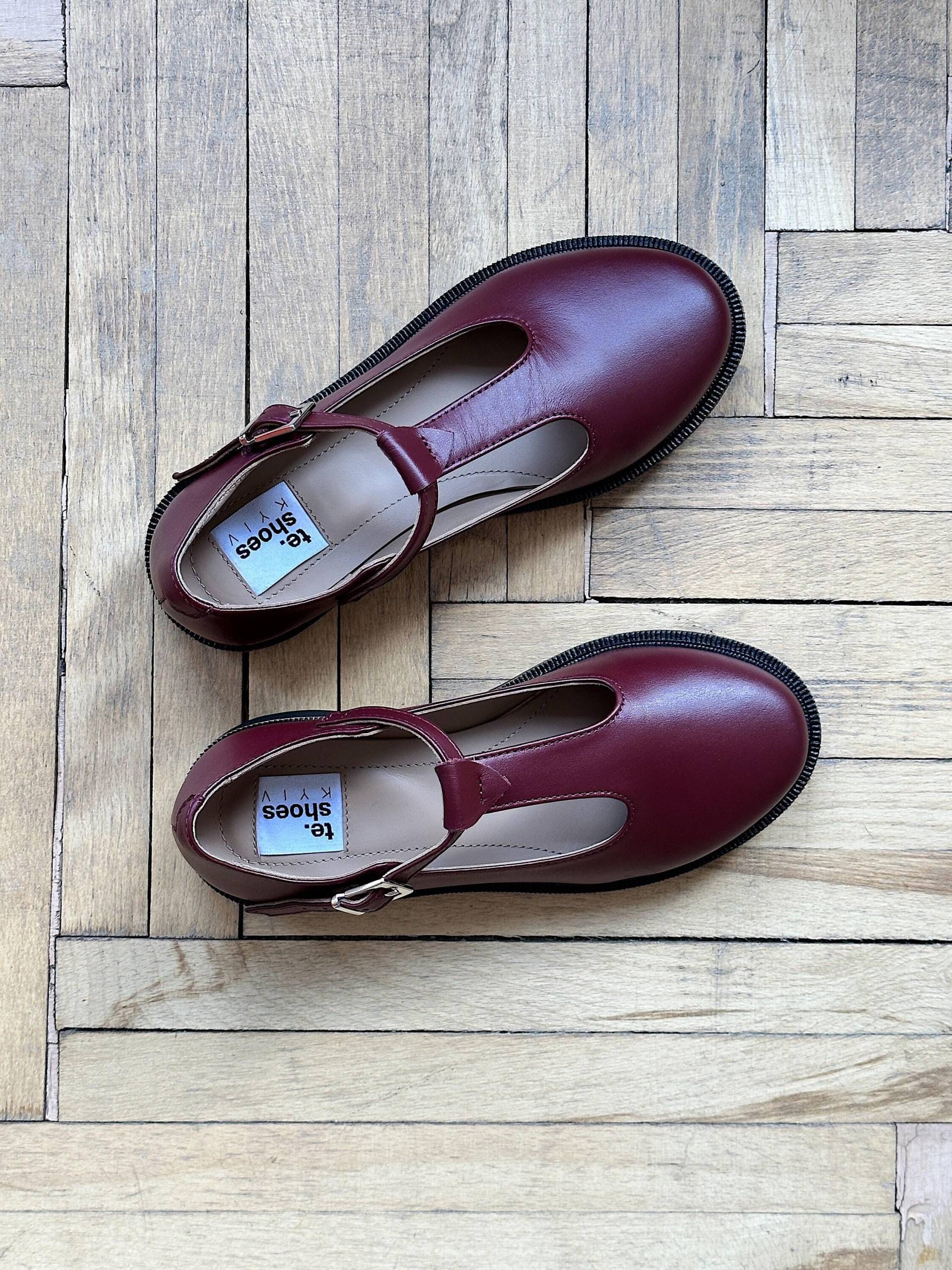 Burgund Echtes Leder Mary Janes Schuhe Frauen, Plattform Kleid Schuhe, Einzigartige Handgefertigte von TeShoes