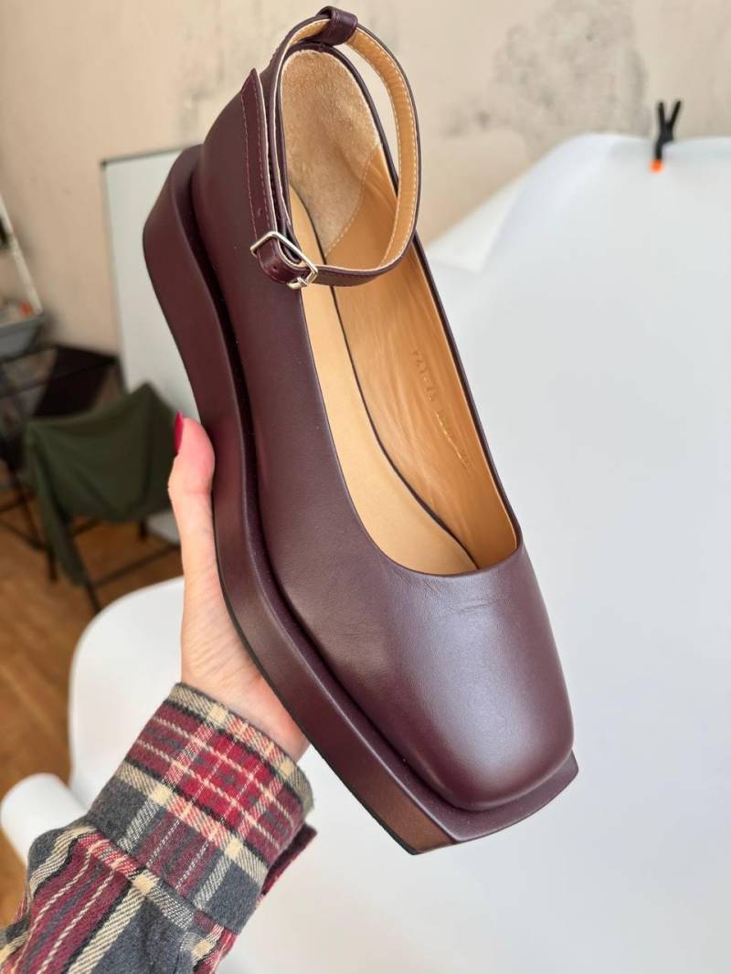 Burgunderrote Leder Mary Janes Schuhe, Plateau-Kleidschuhe, Flache Lässige Square Toe Mit Knöchel Riemen von TeShoes