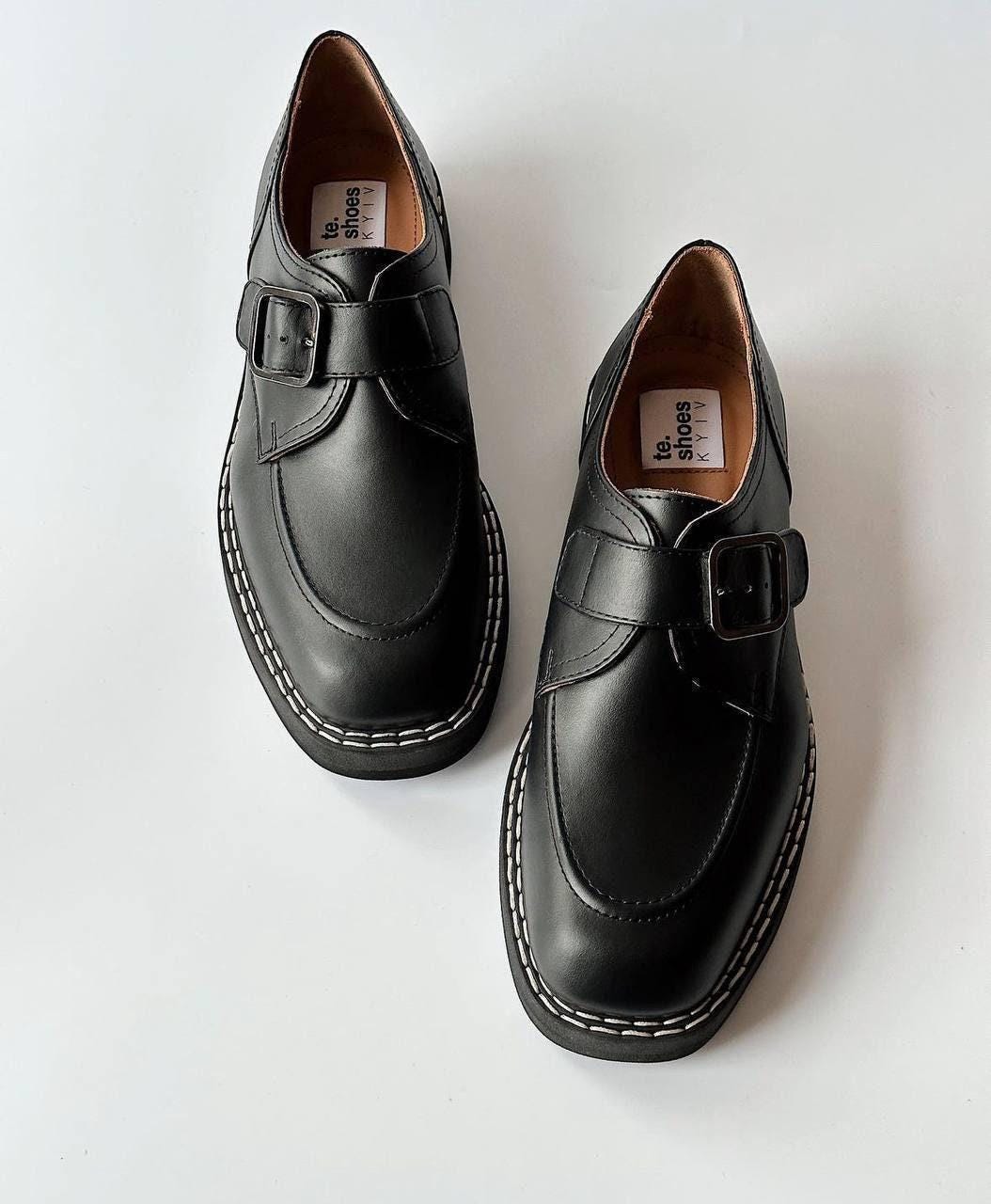 Leder-Loafer Mönchsschuhe, Schwarze Leder-Sattelschuhe, Maßgeschneiderte Leder-Oxfords, Niedrige Plateau-Schuhe, Leder-Oxfords-Kleidschuhe von TeShoes