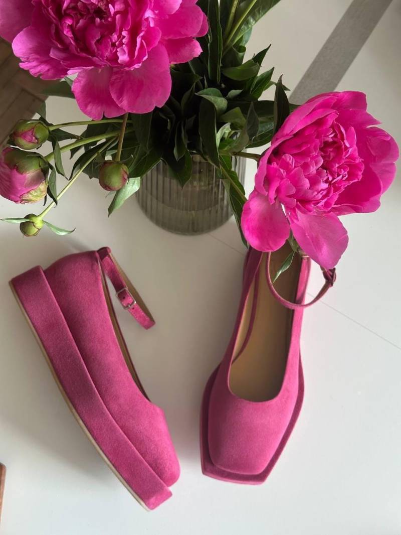 Rosa Samt Lederschuhe Damen - Mary Janes Fairy Schuhe Low Heel, Plateau Slip On Mit Knöchel Riemen Und Schnalle von TeShoes