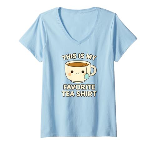 Damen Das ist Mein Lieblings-Tea-Shirt im Kawaii-Stil mit Cartoon-Gesicht T-Shirt mit V-Ausschnitt Damen Das ist Mein Lieblings-Tea-Shirt im Kawaii-Stil mit Cartoon-Gesicht T-Shirt mit V-Ausschnitt von Tea Drinker's Delight