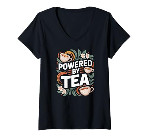 Damen Powered by Tea Becher-Design mit Blumenmuster T-Shirt mit V-Ausschnitt Damen Powered by Tea Becher-Design mit Blumenmuster T-Shirt mit V-Ausschnitt von Tea Enthusiast Brew Infusion Bliss