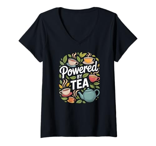 Damen Powered by Tea Cup Leaves Teekanne Fun Art T-Shirt mit V-Ausschnitt von Tea Enthusiast Herbal Beverage Lovers